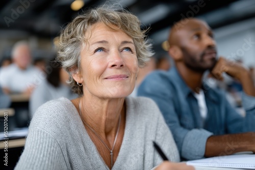 A woman attentively listens in a classroom, reflecting a desire for knowledge and growth, embodying the spirit of lifelong learning and engagement in education.