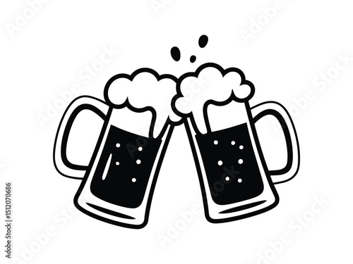 Cheers illustration with two beer mugs toasting in black and white for festive designs