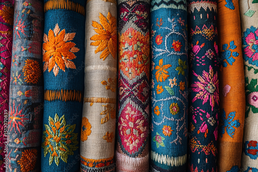 Colorful Folk Textile Pattern with Embroidery and Ethnic Motifs – Flat Lay Colorful Folk Textile Pattern with Embroidery and Ethnic Motifs – Flat Lay