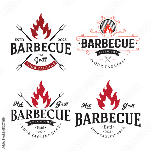 Simple Barbecue Vintage hot grill, with crossed flames and spatula. Logo for restaurant, badge, cafe and bar.vector