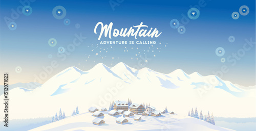 Winter mountain landscape with country houses and chalet (or hotel complex) of the mountain resort. Vector illustration.