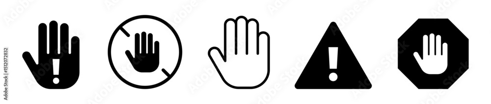 Obraz premium Conjunto de iconos de señal de stop. Alto, prohibición, precaución. Advertencia de riesgo, detención obligatoria, mano en señal de alto. Ilustración vectorial