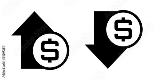 Conjunto de iconos de crecimiento y disminución financiera. Ganancia, economía e inversión. Aumento económico, caída económica, flecha hacia arriba y abajo. Ilustración vectorial