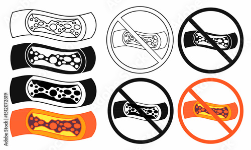 Vector illustration thin line,outline,silhouette of cholesterol deposits in diverse colors and styles, with prohibition signs. Use for icon,logo,symbol health, heart disease, or wellness concepts.