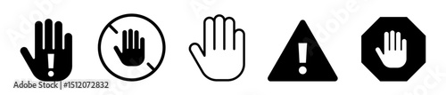 Conjunto de iconos de señal de stop. Alto, prohibición, precaución. Advertencia de riesgo, detención obligatoria, mano en señal de alto. Ilustración vectorial