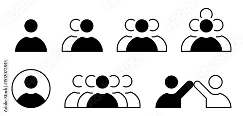 Conjunto de iconos de grupo de personas. Comunidad, interacción, trabajo en equipo. Individual, dúo, trío, cuarteto, equipo completo, saludo corporativo. Ilustración vectorial