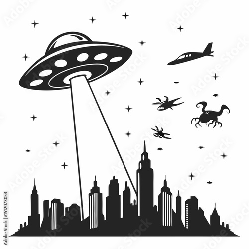 Ufo over city skyline with alien spaceships