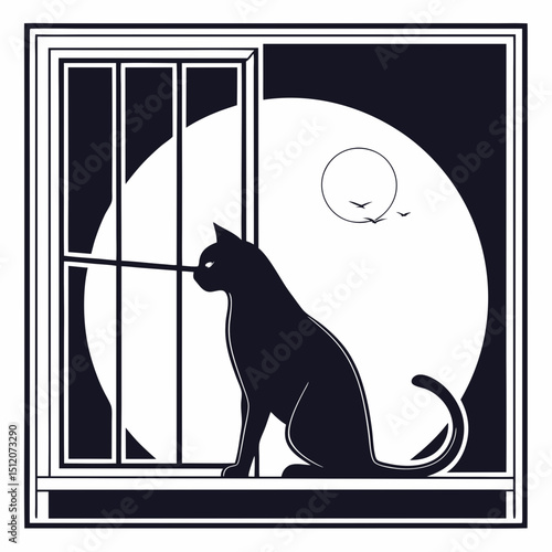 Black cat silhouette at night window moon