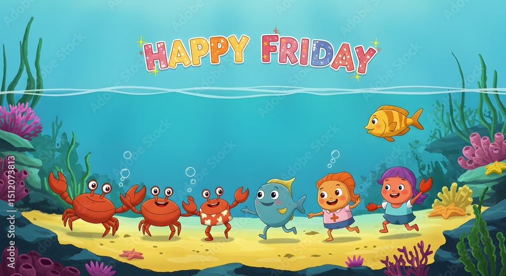 Naklejka premium Cartoon crab and fish friends forming a conga line under the sea with “Happy Friday” lights above