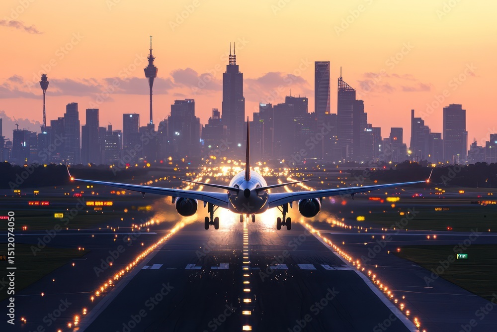 Obraz premium Commercial airplane landing at sunset with city skyline in background
