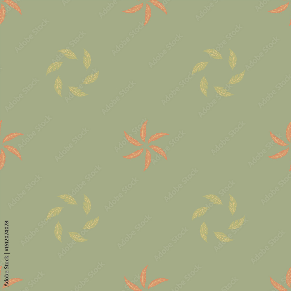 Obraz premium Seamless pattern with feathers of soft earthy tones arranged in a circle. Vector hand-drawn drawing in the boho color palette. It is perfect for textile, wallpaper, seasonal summer and spring projects