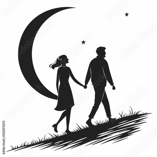 Silhouette couple walking under crescent moon