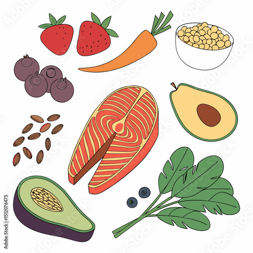 Healthy food illustration salmon berries avocado and more