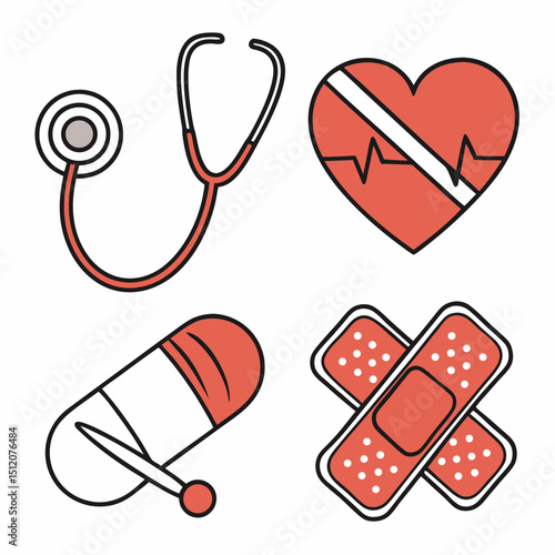 Medical icons stethoscope heartbeat pill bandage