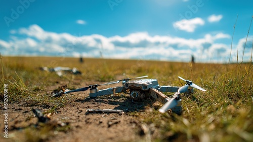 A crashed drone lying in a grassy field, with broken propellers and scattered debris, under a clear blue sky