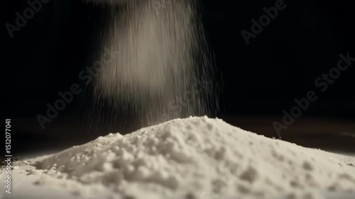 A detailed macro close-up shot of a white crumbling powdery substance on a pure black background, showing texture and grainy structure in high-contrast studio lighting.