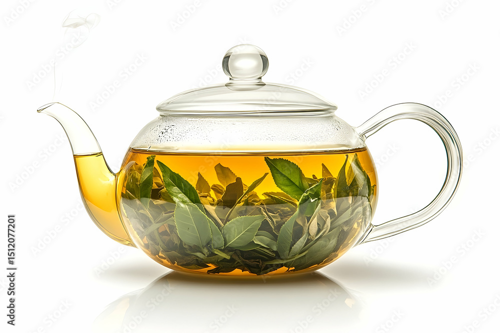 Glass teapot filled with green tea and leaves against white background Glass teapot filled with green tea and leaves against white background
