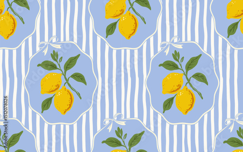 Seamless lemon pattern with blue and white wavy stripes, yellow lemons with green leaves, decorative frame and ribbon, fresh summer citrus fruit background, Mediterranean vector design
