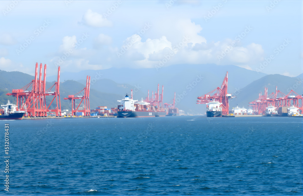 Fototapeta premium Busy Scene of Port and Cargo Ships