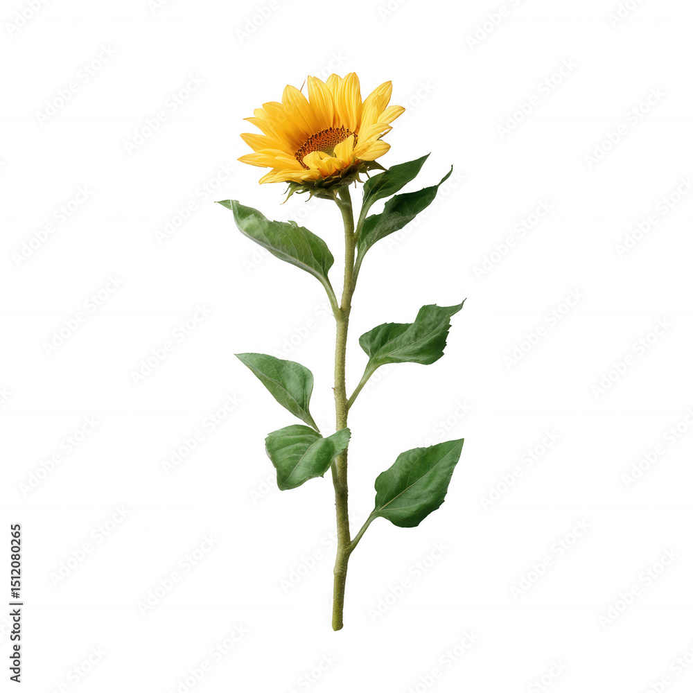 Fototapeta premium A vibrant sunflower against a white isolated background, showcasing its bright yellow petals and lush green leaves, perfect for nature-themed designs and floral arrangements.