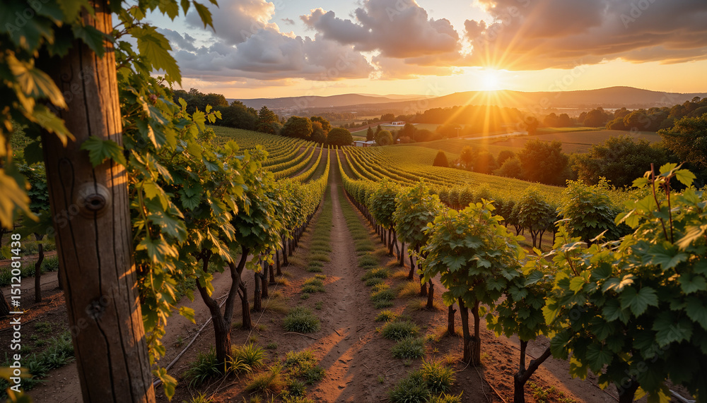 Fototapeta premium Vineyard at sunset with ripe grapes perfect for wine blogs, autumn promotions, travel features or content on grape harvesting