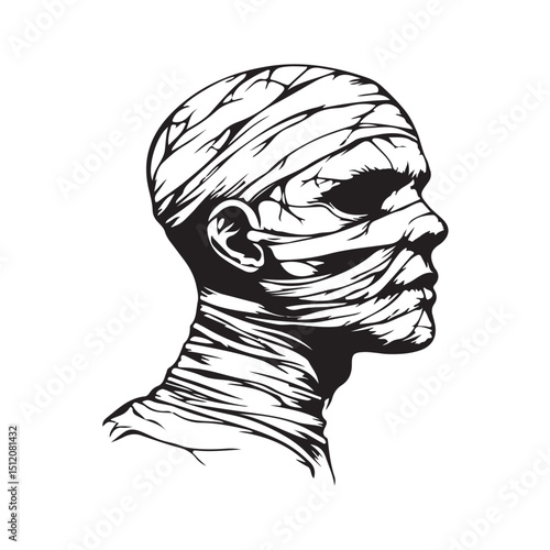 Vector sketch illustration of a mummy’s head, wrapped in aged bandages with a haunting, ancient expression