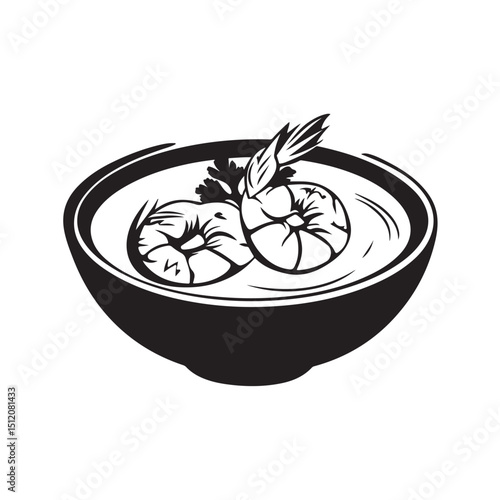 Vector illustration of Tom Yum, a traditional Thai hot and sour soup featuring shrimp, mushrooms, lemongrass, lime, chili, and herbs