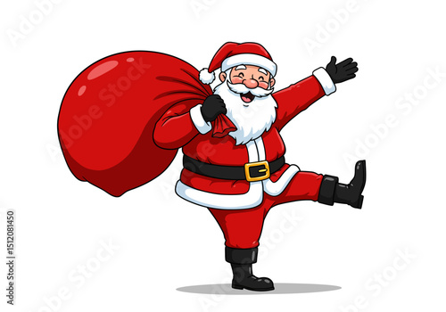 Cartoon Santa Claus with a Large Red Sack Waving
