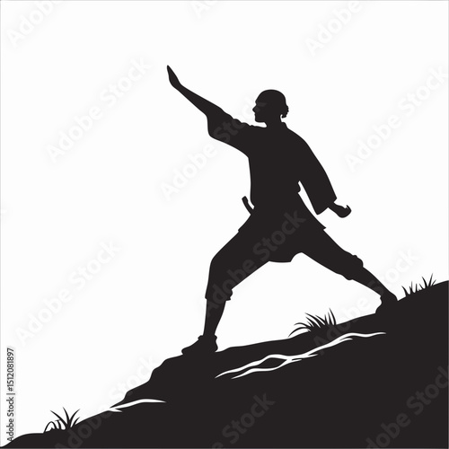 Silhouette of martial artist on mountain