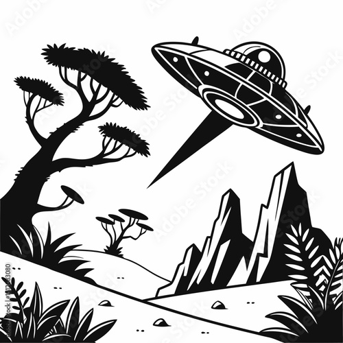 Alien spaceship over a desert landscape