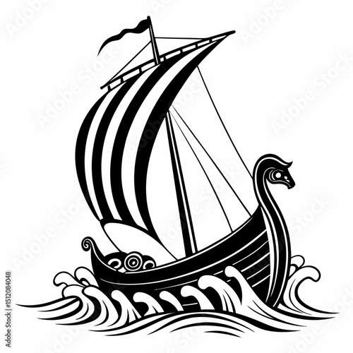 Black and white viking longship sailing on waves