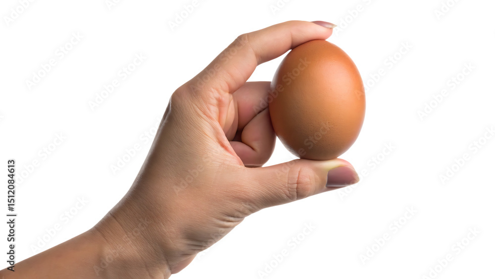 Woman's hand holding a brown egg isolated on a white background Woman's hand holding a brown egg isolated on a white background