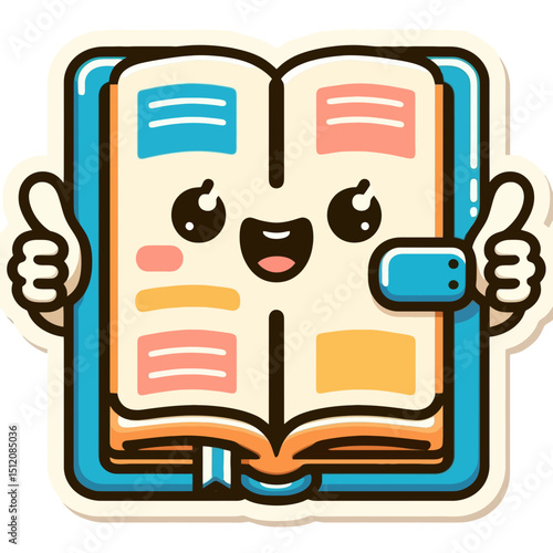 cartoon sticker illustration of a personified open book with thumbs up is perfect for websites or blogs about education, learning, reading, knowledge, or positive reviews