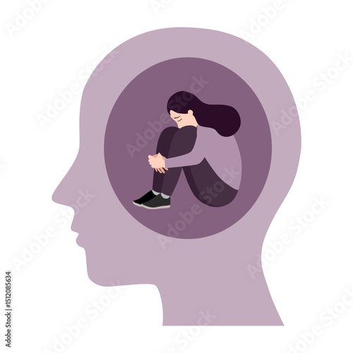 Young woman who suffers from mental health diseases is sitting on the floor. Girl surrounded by symptoms of depression disorder: anxiety, crisis, tears, exhaustion, loss, overworked, tired.