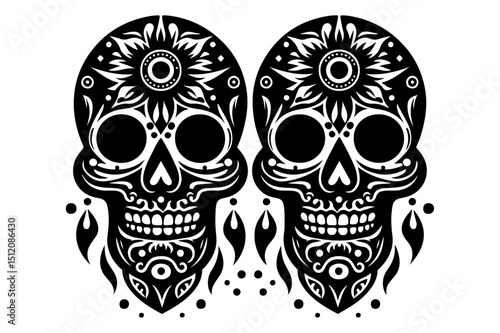 "Day of the Dead Sugar Skulls – Ornate Black and White Skull Art Design"

