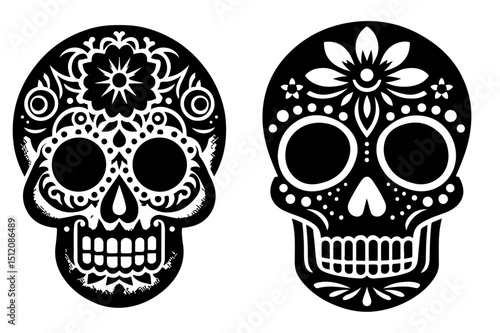 "Day of the Dead Sugar Skulls Vector – Mexican Decorative Skull Art Pair"

