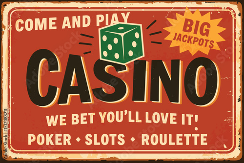 Casino retro sign with green dice – vintage gambling tin board vector illustration