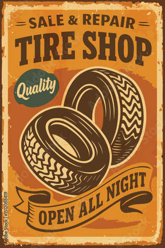 Tires vintage metal sign – retro vector illustration on old textured background