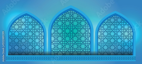 Islamic Arch Window Pattern – Arabic Geometric Blue Background Vector