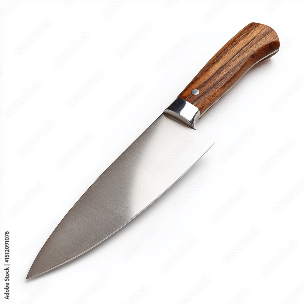 Obraz premium A chef's knife with a polished blade and wooden handle