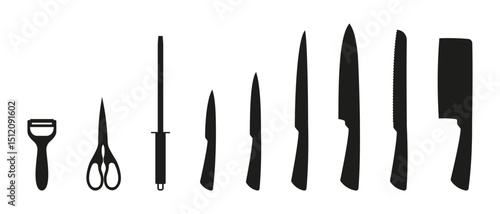 Silhouette set of kitchen tools and knives including peeler, scissors, sharpener, chef's knife, bread knife, and cleaver, isolated on white background.