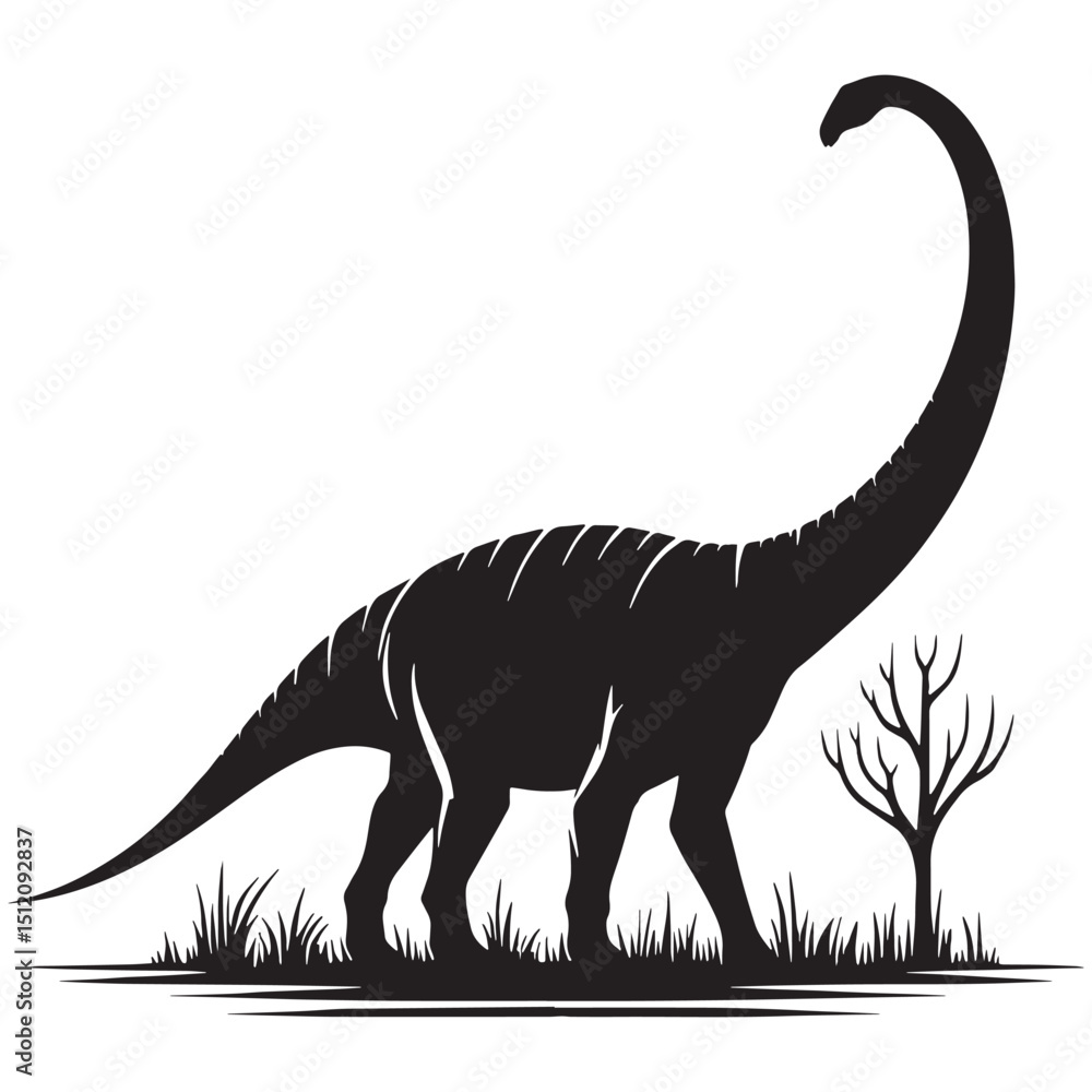 Fototapeta premium Elegant Brachiosaurus silhouette in natural habitat – Brachiosaurus illustration – Minimalist Brachiosaurus vector – Dinosaur silhouette