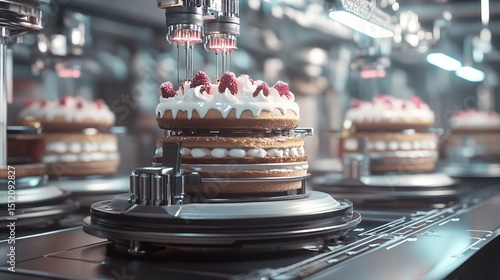 Automated Cake Production Line: Futuristic Bakery Technology Assembling Delicious Raspberry Cakes