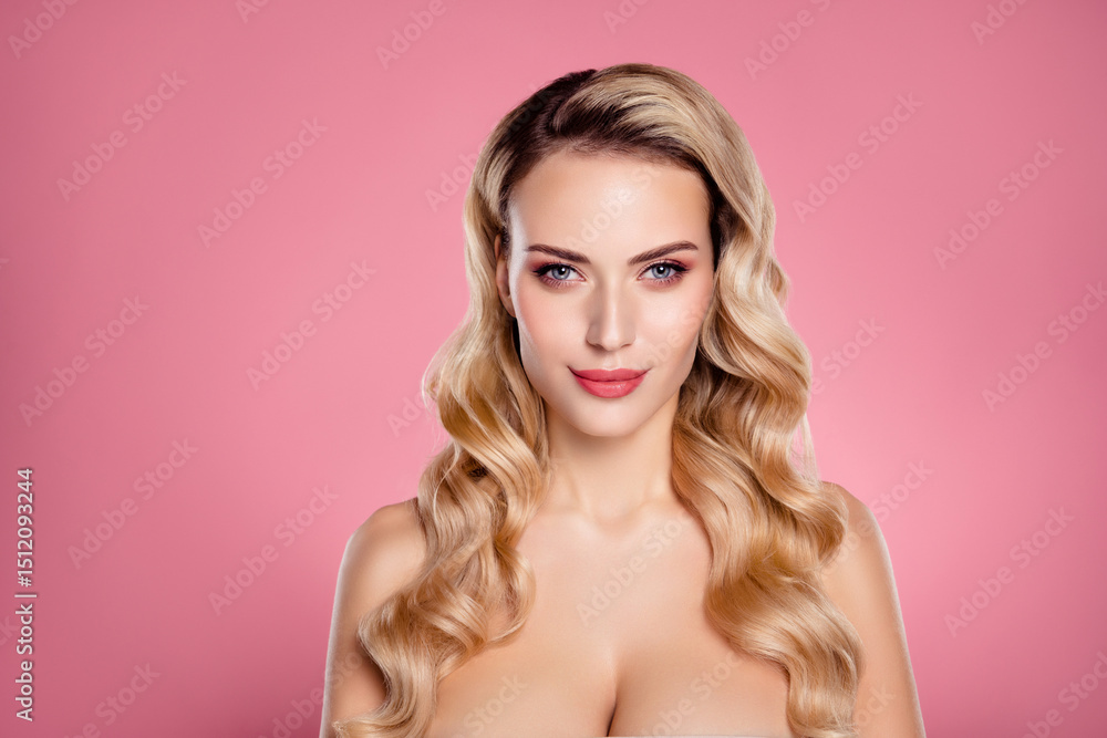 Portrait of chic lady with curly haircut look in camera isolated pastel color background Portrait of chic lady with curly haircut look in camera isolated pastel color background
