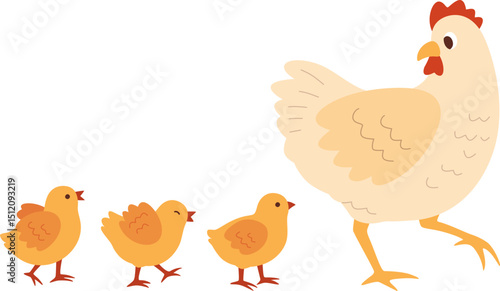 Mother Hen Walking with Baby Chicks