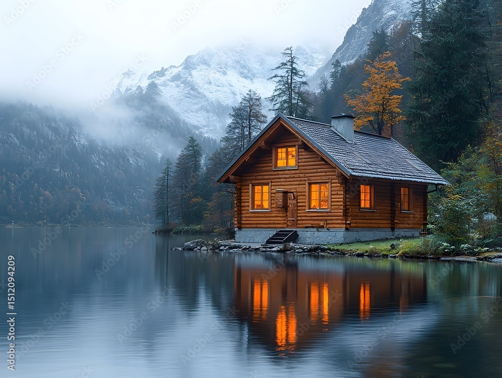 Fototapeta premium Cozy cabin by a serene mountain lake