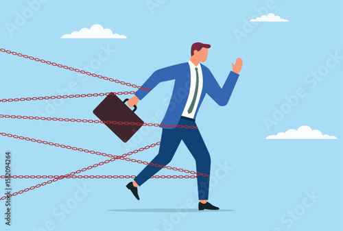 A vector illustration of a resilient businessman struggling to move forward despite being bound by numerous chains, symbolizing challenges, limitations, and stress
