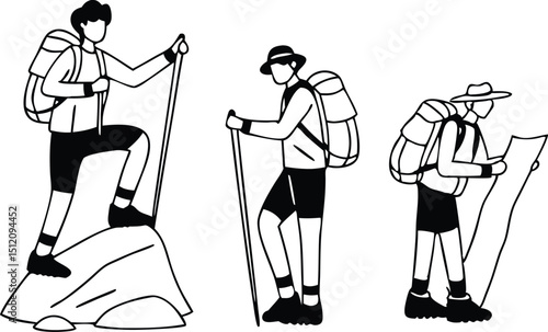 Silhouette illustrations of hikers with backpacks and a map ready for an adventure
