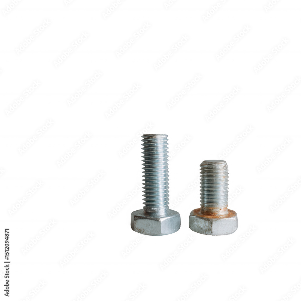 Two metal bolts showcasing different sizes and finishes, isolated on a white background for clear visibility. Two metal bolts showcasing different sizes and finishes, isolated on a white background for clear visibility.