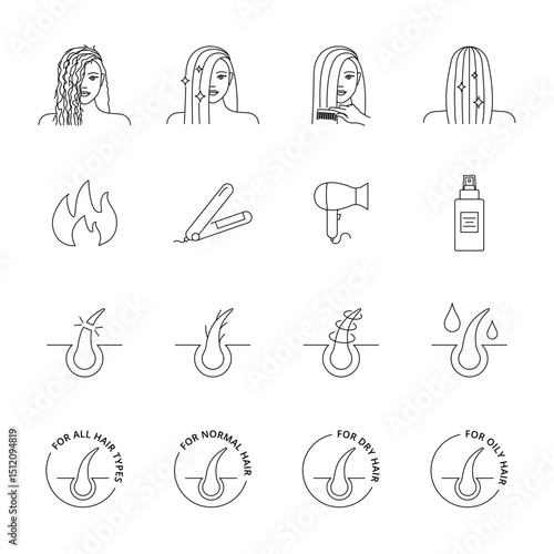 Hair care icons set. Hair treatment illustrations line style editable stroke